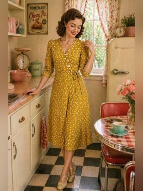 Simple Retro Mustard Yellow Floral Wrap Dress 50s Cottagecore Tea Dress Size M